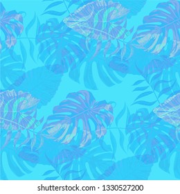 Palm Leaves. Blue Seamless Pattern with Leaves of jungle Trees. Trendy Texture for, Cloth, Underwear, Swimwear. Bright Leaves of Palm Tree.