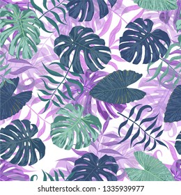 Palm Leaves. Blue Seamless Pattern with Leaves of exotic Trees. Vintage Texture for, Tablecloth, Paper, Swimwear. Bright Leaves of Palm Tree.