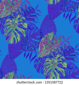 Palm Leaves. Blue Seamless Pattern with Leaves of jungle Trees. Vintage Texture for, Fabric, Curtain, Shirt. Bright Leaves of Palm Tree.