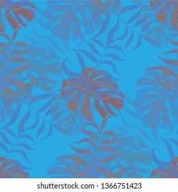 Palm Leaves. Blue Seamless Pattern with Leaves of exotic Trees. Vintage Texture for, Fabric, Curtain, Wallpaper. Bright Leaves of Palm Tree.