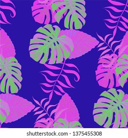 Palm Leaves. Blue Seamless Pattern with Leaves of jungle Trees. Retro Texture for, Fabric, Wallpaper, Curtain. Bright Leaves of Palm Tree.