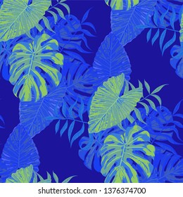 Palm Leaves. Blue Seamless Pattern with Leaves of tropical Trees. Trendy Texture for, Underwear, Curtain, Fabric. Bright Leaves of Palm Tree.