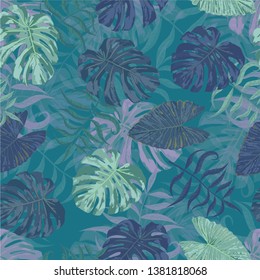 Palm Leaves. Blue Seamless Pattern with Leaves of tropical Trees. Trendy Texture for, Curtain, Wallpaper, Underwear. Bright Leaves of Palm Tree.