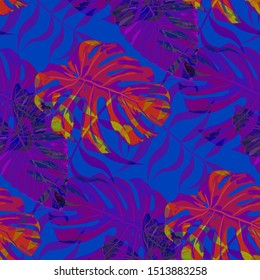 Palm Leaves. Blue Seamless Pattern with Leaves of tropical Trees. Vintage Texture for, Shirt, Dress, Swimwear. Bright Leaves of Palm Tree.