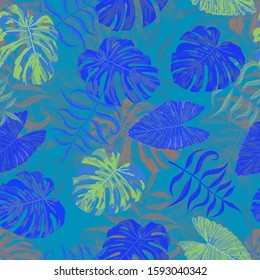 Palm Leaves. Blue Seamless Pattern with Leaves of tropical Trees. Vintage Texture for, Wallpaper, Underwear, Shirt. Bright Leaves of Palm Tree.