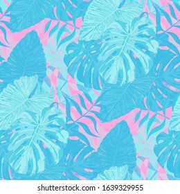 Palm Leaves. Blue Seamless Pattern with Leaves of exotic Trees. Modern Texture for, Cloth, Shirt, Tablecloth. Bright Leaves of Palm Tree.