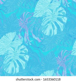 Palm Leaves. Blue Seamless Pattern with Leaves of exotic Trees. Trendy Texture for, Dress, Paper, Tablecloth. Bright Leaves of Palm Tree.