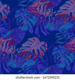 Hojas de palma. Patrón azul sin soldadura con hojas de árboles exóticos. Textura moderna para, Vestido, Tablero, Ropa de baño. Flagrantes hojas de palmera.