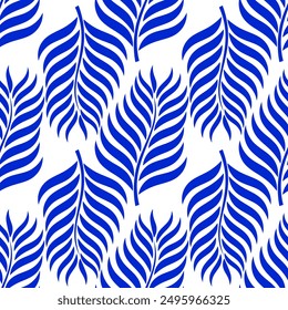 Palm leaves blue seamless pattern. Vector illustration.