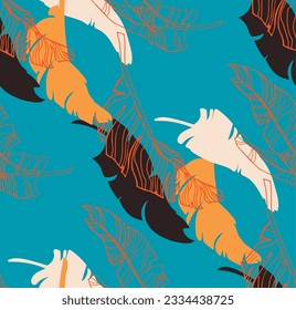 Palm leaves branches exotic Hawaii pattern. Tropical banana tree seamless floral design. Bright background with jungle plants. Vector exotic pattern. Hawaiian picture for textile and fabric. Aloha.