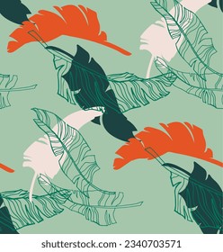 Palm leaves branches exotic Hawaii pattern. Tropical banana tree seamless floral design. Bright background with jungle plants. Vector exotic pattern. Hawaiian picture for textile and fabric. Aloha.
