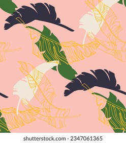 Palm leaves branches exotic Hawaii pattern. Tropical banana tree seamless floral design. Bright background with jungle plants. Vector exotic pattern. Hawaiian picture for textile and fabric. Aloha.
