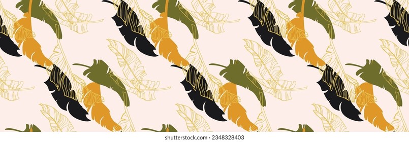 Palm leaves branches exotic Hawaii pattern. Tropical banana tree seamless floral design. Bright background with jungle plants. Vector exotic pattern. Hawaiian picture for textile and fabric. Aloha.