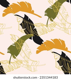 Palm leaves branches exotic Hawaii pattern. Tropical banana tree seamless floral design. Bright background with jungle plants. Vector exotic pattern. Hawaiian picture for textile and fabric. Aloha.
