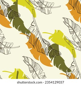 Palm leaves branches exotic Hawaii pattern. Tropical banana tree seamless floral design. Bright background with jungle plants. Vector exotic pattern. Hawaiian picture for textile and fabric. Aloha.