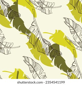 Palm leaves branches exotic Hawaii pattern. Tropical banana tree seamless floral design. Bright background with jungle plants. Vector exotic pattern. Hawaiian picture for textile and fabric. Aloha.