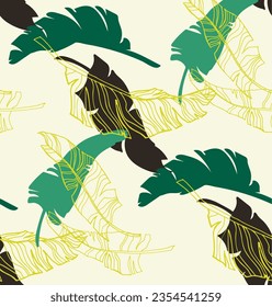 Palm leaves branches exotic Hawaii pattern. Tropical banana tree seamless floral design. Bright background with jungle plants. Vector exotic pattern. Hawaiian picture for textile and fabric. Aloha.