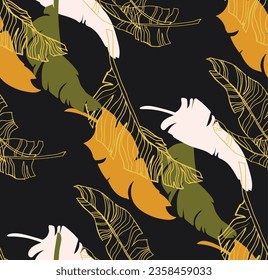 Palm leaves branches exotic Hawaii pattern. Tropical banana tree seamless floral design. Bright background with jungle plants. Vector exotic pattern. Hawaiian picture for textile and fabric. Aloha.