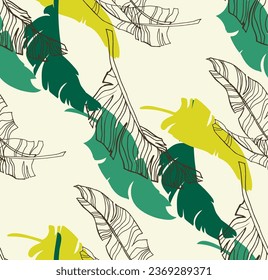 Palm leaves branches exotic Hawaii pattern. Tropical banana tree seamless floral design. Bright background with jungle plants. Vector exotic pattern. Hawaiian picture for textile and fabric. Aloha.