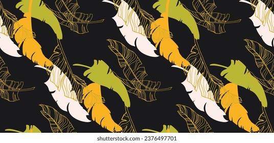 Palm leaves branches exotic Hawaii pattern. Tropical banana tree seamless floral design. Bright background with jungle plants. Vector exotic pattern. Hawaiian picture for textile and fabric. Aloha.