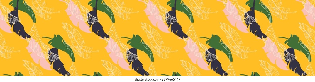 Palm leaves branches exotic Hawaii pattern. Tropical banana tree seamless floral design. Bright background with jungle plants. Vector exotic pattern. Hawaiian picture for textile and fabric. Aloha.