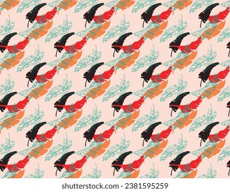 Palm leaves branches exotic Hawaii pattern. Tropical banana tree seamless floral design. Jungle plants. Bird feather. Vector exotic pattern. Hawaiian picture for textile and fabric. Aloha.