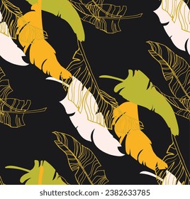 Palm leaves branches exotic Hawaii pattern. Tropical banana tree seamless floral design. Bright background with jungle plants. Vector exotic pattern. Hawaiian picture for textile and fabric. Aloha.