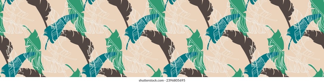 Palm leaves branches exotic Hawaii pattern. Tropical banana tree seamless floral design. Bright background with jungle plants. Vector exotic pattern. Hawaiian picture for textile and fabric. Aloha.