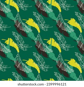 Palm leaves branches exotic Hawaii pattern. Tropical banana tree seamless floral design. Bright background with jungle plants. Vector exotic pattern. Hawaiian picture for textile and fabric. Aloha.