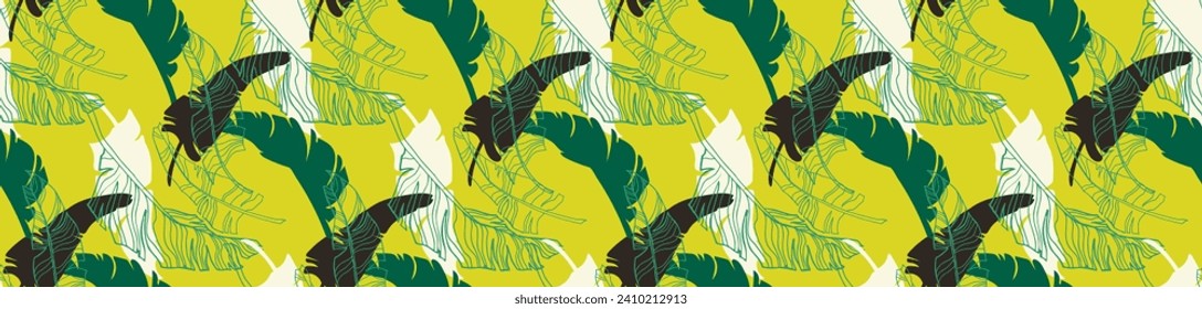 Palm leaves branches exotic Hawaii pattern. Tropical banana tree seamless floral design. Bright background with jungle plants. Vector exotic pattern. Hawaiian picture for textile and fabric. Aloha.