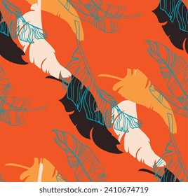 Palm leaves branches exotic Hawaii pattern. Tropical banana tree seamless floral design. Bright background with jungle plants. Vector exotic pattern. Hawaiian picture for textile and fabric. Aloha.