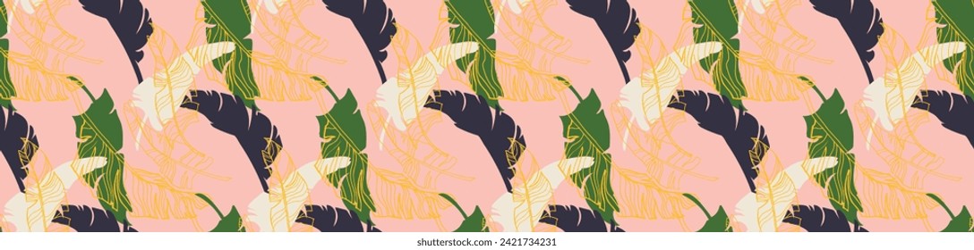 Palm leaves branches exotic Hawaii pattern. Tropical banana tree seamless floral design. Bright background with jungle plants. Vector exotic pattern. Hawaiian picture for textile and fabric. Aloha.