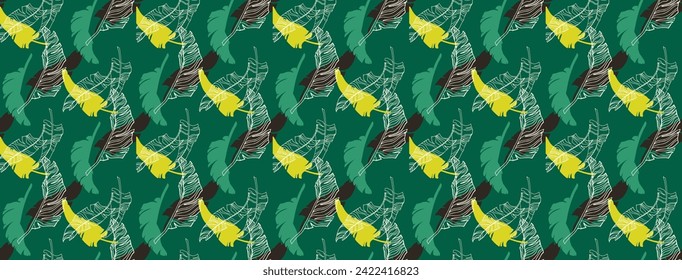 Palm leaves branches exotic Hawaii pattern. Tropical banana tree seamless floral design. Bright background with jungle plants. Vector exotic pattern. Hawaiian picture for textile and fabric. Aloha.