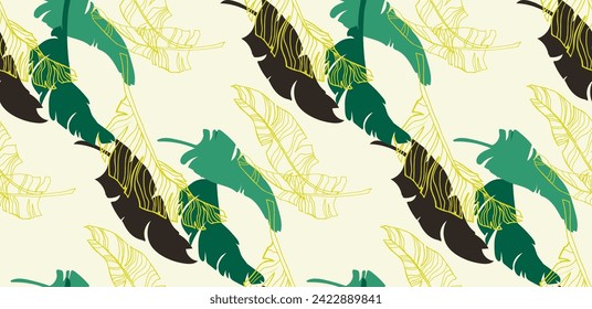 Palm leaves branches exotic Hawaii pattern. Tropical banana tree seamless floral design. Bright background with jungle plants. Vector exotic pattern. Hawaiian picture for textile and fabric. Aloha.