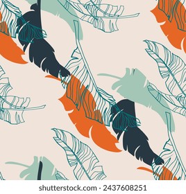 Hojas de palma ramas exótico patrón de Hawái. Plátano tropical diseño floral sin costuras. Fondo brillante con plantas de la selva. Vector patrón exótico. Cuadro hawaiano para textil y tela. ¡Aloha!