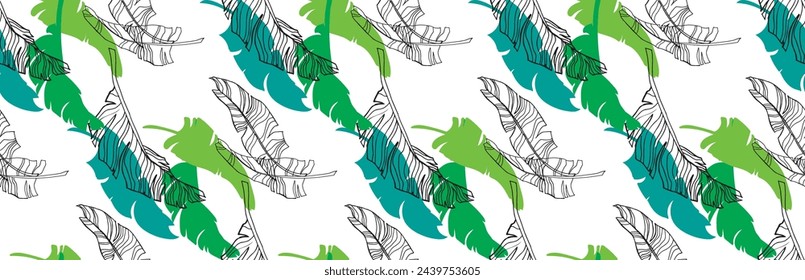 Palm leaves branches exotic Hawaii pattern. Tropical banana tree seamless floral design. Bright background with jungle plants. Vector exotic pattern. Hawaiian picture for textile and fabric. Aloha.