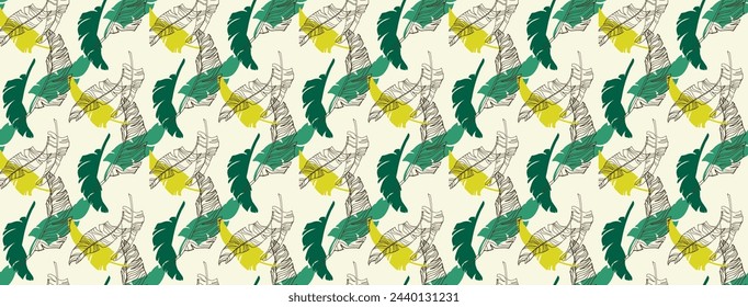 Palm leaves branches exotic Hawaii pattern. Tropical banana tree seamless floral design. Bright background with jungle plants. Vector exotic pattern. Hawaiian picture for textile and fabric. Aloha.