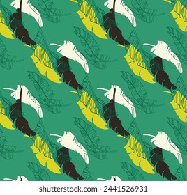 Palm leaves branches exotic Hawaii pattern. Tropical banana tree seamless floral design. Bright background with jungle plants. Vector exotic pattern. Hawaiian picture for textile and fabric. Aloha.