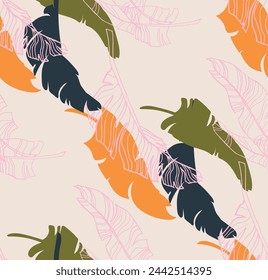 Palm leaves branches exotic Hawaii pattern. Tropical banana tree seamless floral design. Bright background with jungle plants. Vector exotic pattern. Hawaiian picture for textile and fabric. Aloha.