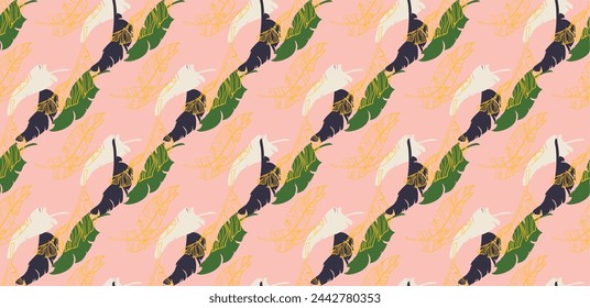 Palm leaves branches exotic Hawaii pattern. Tropical banana tree seamless floral design. Bright background with jungle plants. Vector exotic pattern. Hawaiian picture for textile and fabric. Aloha.