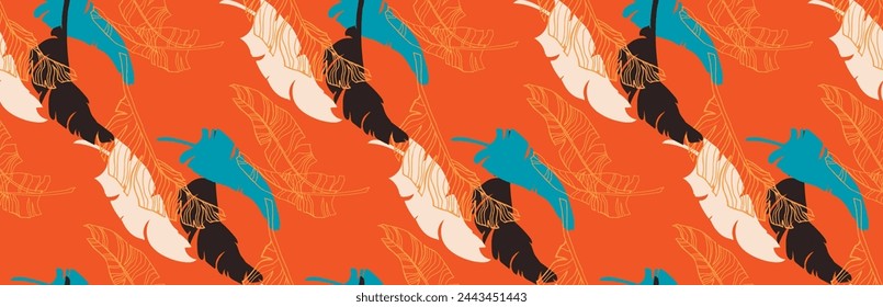 Palm leaves branches exotic Hawaii pattern. Tropical banana tree seamless floral design. Bright background with jungle plants. Vector exotic pattern. Hawaiian picture for textile and fabric. Aloha.