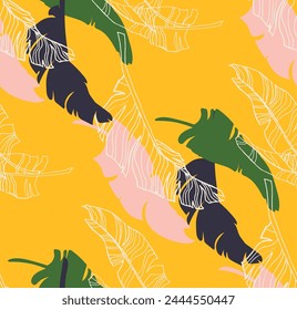 Palm leaves branches exotic Hawaii pattern. Tropical banana tree seamless floral design. Bright background with jungle plants. Vector exotic pattern. Hawaiian picture for textile and fabric. Aloha.