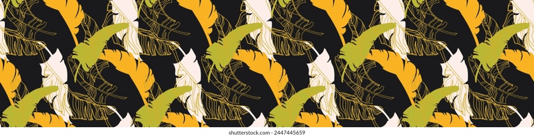Palm leaves branches exotic Hawaii pattern. Tropical banana tree seamless floral design. Bright background with jungle plants. Vector exotic pattern. Hawaiian picture for textile and fabric. Aloha.