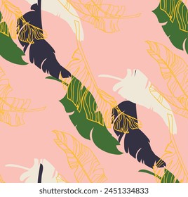 Hojas de palma ramas exótico patrón de Hawái. Plátano tropical diseño floral sin costuras. Fondo brillante con plantas de la selva. Vector exótico patrón. Cuadro hawaiano para textil y tela. ¡Aloha!