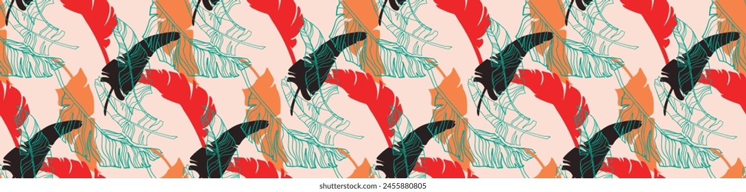 Hojas de palma ramas exótico patrón de Hawái. Plátano tropical diseño floral sin costuras. Fondo brillante con plantas de la selva. Vector exótico patrón. Cuadro hawaiano para textil y tela. ¡Aloha!