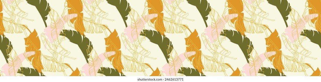 Palm leaves branches exotic Hawaii pattern. Tropical banana tree seamless floral design. Bright background with jungle plants. Vector exotic pattern. Hawaiian picture for textile and fabric. Aloha.