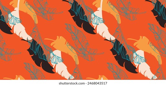 Hojas de palma ramas exótico patrón de Hawái. Plátano tropical diseño floral sin costuras. Fondo brillante con plantas de la selva. Vector exótico patrón. Cuadro hawaiano para textil y tela. ¡Aloha!