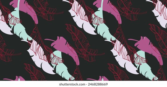 Palm leaves branches exotic Hawaii pattern. Tropical banana tree seamless floral design. Bright background with jungle plants. Vector exotic pattern. Hawaiian picture for textile and fabric. Aloha.
