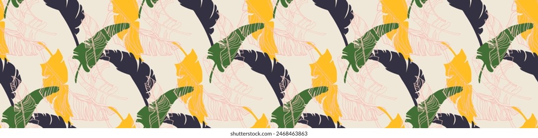 Hojas de palma ramas exótico patrón de Hawái. Plátano tropical diseño floral sin costuras. Fondo brillante con plantas de la selva. Vector exótico patrón. Cuadro hawaiano para textil y tela. ¡Aloha!