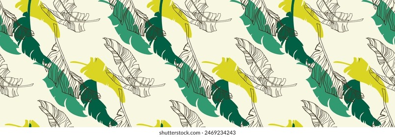 Hojas de palma ramas exótico patrón de Hawái. Plátano tropical diseño floral sin costuras. Fondo brillante con plantas de la selva. Vector exótico patrón. Cuadro hawaiano para textil y tela. ¡Aloha!